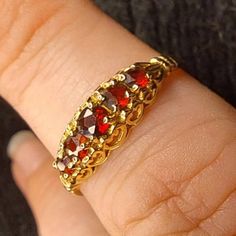 Vintage ring with stunning heart detailing 9ct hold garnet stones Gold Garnet Birthstone Ring, Garnet Rings Stamped 14k For Anniversary, Anniversary Garnet Rings Stamped 14k, Promise Ring With Hallmarked Garnet Birthstone, Victorian Garnet Rings For Anniversary, Gold Garnet Ring, Garnet Ring, Garnet Stone, Garnet Rings