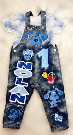 Custom Blues Clues Inspired Jumper, Custom Overalls Birthday Outfit by TGloryBoutique on Etsy Patching Jeans, Custom Overalls, Custom Jumpsuit, Custom Kids Clothes, Baby Boy Birthday Outfit, Blue's Clues Birthday Party, Painted Shirt, Baby Birthday Outfit, Kid Birthday Outfits