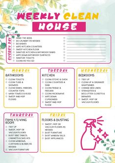 the weekly clean house checklist is shown in pink, yellow and green with flowers on it