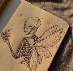 a drawing of a skeleton holding a flower