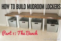 there are four bins on the wall with text overlay that says how to build mudroom lockers part 1 the bench