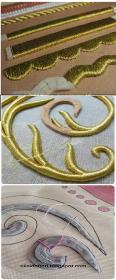 three pictures showing how to sew an applique with gold thread on fabric