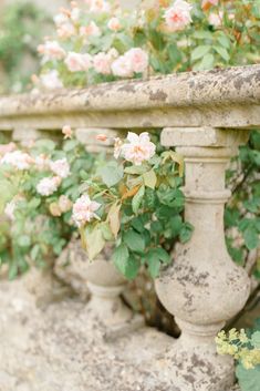 an old stone fence with flowers growing on it