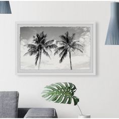 a black and white photo of two palm trees on the wall above a gray couch