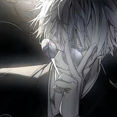 an anime character with white hair and black eyes is holding his hand to his face