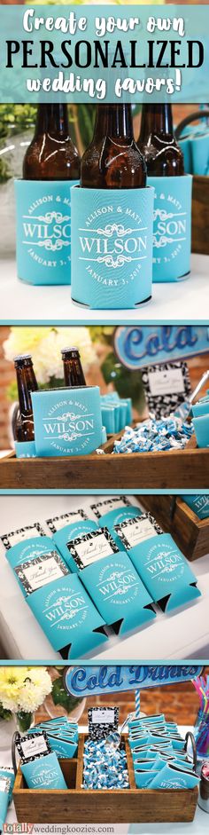 a table topped with lots of blue bottles and boxes filled with personalized items on it