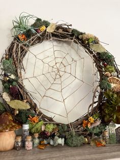 a spider web wreath with succulents, moss and other things around it