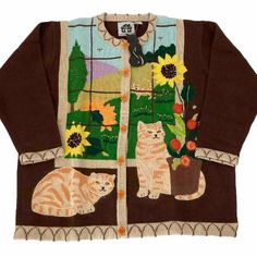 New With Tag. Sz 2x Ramie/Cotton Blend Brown/Tan With Cats And Sunflowers. Floral Buttons Measurements- 26” Pit To Pit 26.5” Collar To Cuff 27.5” Shoulder To Hem Halloween Cardigan, Vintage Storybook, Knits Sweaters, Sweaters Vintage, Tabby Cats, Sweater Plus, Grandma Sweater, Earthy Outfits, Really Cute Outfits