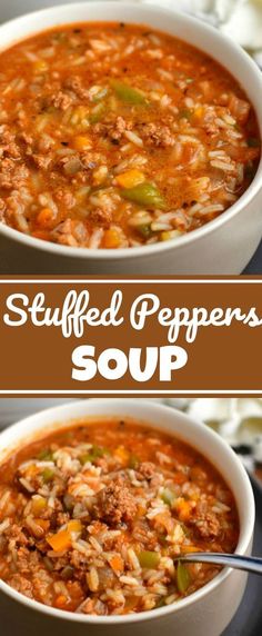 two bowls of stuffed pepper soup with spoons in them and the title above it reads, stuffed pepper soup