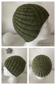 three pictures of the same hat with different patterns and colors, one is made out of yarn