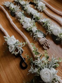 wedding bouquets are laid out on the table