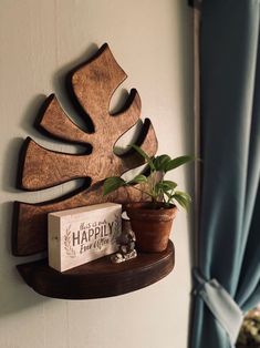 a wooden shelf holding a potted plant next to a window