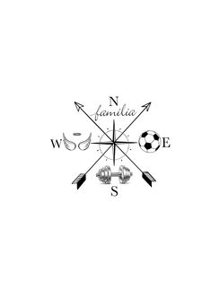 a black and white drawing of a compass with soccer balls