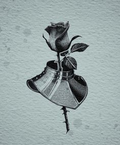 a black and white drawing of a rose in a vase