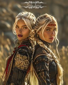 two blonde haired women with braids standing next to each other