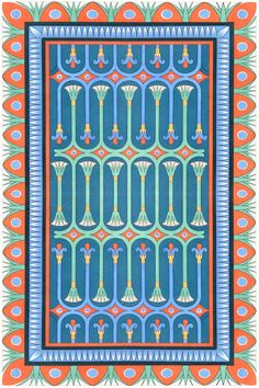 an art nouveau design with blue, orange and green colors on the border is shown