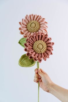 crocheted flowers being held by a person's hand on a white background