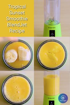 four pictures show how to make a smoothie in a blender