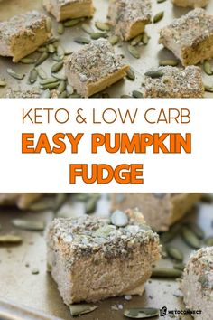 keto and low carb easy pumpkin fudge bars on a baking sheet with pumpkin seeds