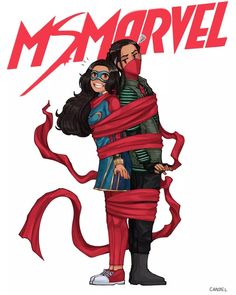 a man and woman wrapped up in red fabric with the words ms marvel on it