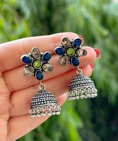 Earrings For Daily Wear, Silver Jhumkas, Jewelry Pakistani, Green Stones, Blue Stones, Indian Traditional