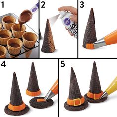 four pictures showing how to make halloween cones