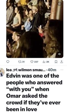 an image of people sitting in the audience with one person on their cell phone and another texting that reads, edvin was one of the people who answered with you when