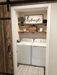 Small laundry room DIY. Barn door, stained shelving, farmhouse•boho Shelves Laundry Room, Narrow Laundry Room, Stacked Laundry Room