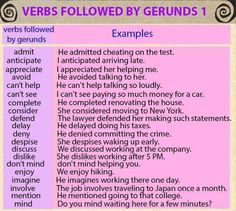 a pink poster with the words, verbs followed by gerunds 1