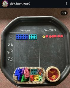 a blackboard with numbers and letters on it next to a basket filled with magnets