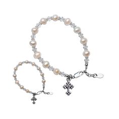 "This is a timeless keepsake bracelet set designed and hand-beaded in the USA. This is made using only the finest materials such as 100% sterling silver components, freshwater pearls, high-end crystals, sparkling silver accents, and intricate cross charms. This makes a treasured gift for mother and daughter with a reminder of the special bond they share. This comes in a beautiful gift box and makes a great Mother's Day Gift! Mother's bracelet measures 7 - 7.5\" and all bracelets have adjustable Classic Adjustable Jewelry For First Communion, Pearl Jewelry For Baptism With Round Beads, Adjustable Pearl Bracelet For First Communion, Adjustable Pearl Bracelets For Baptism, Elegant Adjustable Beaded Bracelets For Baptism, Elegant Beaded Jewelry For Baptism, Adjustable Pearl Bracelet With Round Beads For First Communion, Adjustable Personalized Pearl Bracelet For Baptism, Adjustable Rosary Bracelet With Round Beads For Baptism