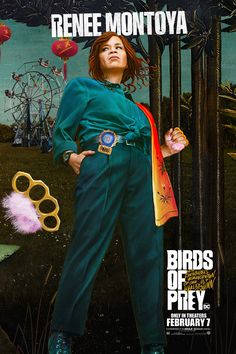 an advertisement for birds of prey featuring a woman with her hands on her hips in front of a ferris wheel