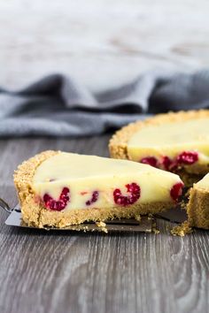 three slices of cheesecake with raspberries on top