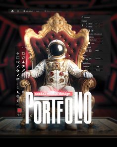 an astronaut sitting on top of a red chair in front of a computer screen with the word portfolio above it