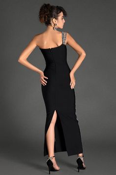 Acmefun Georgios Crystal Bandage Asymmetrical Dress - Women's Black Cocktail Attire Cocktail One Shoulder Dress With Asymmetrical Neckline For Prom, Glamorous Asymmetrical One Shoulder Prom Dress, One Shoulder Dress With Asymmetrical Neckline For Prom Cocktail, One Shoulder Floor-length Dress For Prom, Floor-length One Shoulder Dress For Prom, Glamorous One-shoulder Asymmetrical Dress For Evening, Glamorous One Shoulder Maxi Dress For Evening, Asymmetrical One Shoulder Dress For Prom Season, Asymmetrical One-shoulder Dress For Prom Season