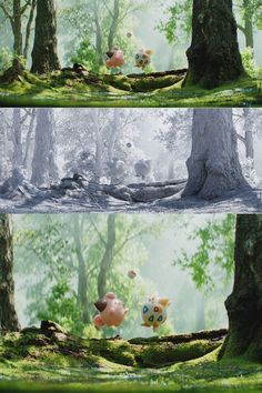 two pictures of the same scene in different scenes, one with an animal and another with a pig