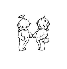 two little babies holding hands with an angel above them, in the middle of a black and white drawing