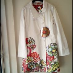 Desigual White Flowered Long Coat, Size 46, Brand New With Tags. White Floral Print Outerwear For Fall, White Cotton Outerwear With Floral Print, Girls Fall Jacket, Embroidered Leather Jacket, Denim Sweater Jacket, Overcoat Jacket, Womens Quilted Jacket, Long Overcoat, Faux Leather Biker Jacket