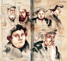 an old book with pictures of men in different hats and beards, including one wearing a hat