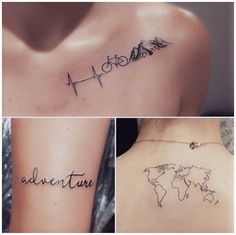 four different tattoos with the words adventure and world map on their upper arm, shoulder or back