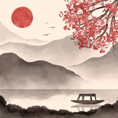 a boat floating on top of a body of water under a cherry blossom covered tree