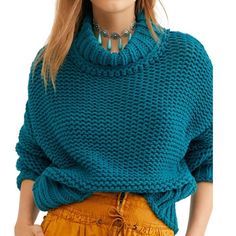 Deep Teal Chunky Knit Sweater. Foldover Cowl Neck Style. Size Xs Slouchy Knit Sweater, My Only Sunshine, Teal Sweater, Free People Style, Free People Sweaters, Junior Outfits, Chunky Knits Sweater, Free People Sweater, Chunky Sweater