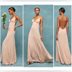 Brand New With Tags Size 12, Please Review Measurements To Confirm Fit Cream With A Very Slight Pink Tone Blush Fitted V-neck Maxi Dress, Blush V-neck Dress For Date Night, Pink V-neck Backless Summer Dress, Spring Pink Maxi-length Backless Dress, Feminine Pink Backless Dress For Summer, Elegant Blush Maxi Dress For Summer, Chic Blush V-neck Maxi Dress, Peach Maxi Bridesmaid Dress, Peach Maxi Length Bridesmaid Dress