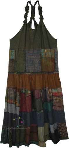 Crafted from breezy organic cotton, this earthy sleeveless maxi dress makes a vibrant boho-chic statement with its handmade patchwork skirt in natural dark shades of dark green, brown, and purple.  blue, etc (patchwork is different on each piece). #tlb #Sleeveless #Patchwork #bohemianfashion #orangepatchworkdress #hippiedress Brown Cotton Patchwork Dress, Green Sleeveless Patchwork Maxi Dress, Brown Patchwork Beach Dress, Beach Brown Patchwork Dress, Beach Patchwork Brown Dress, Brown Bohemian Cotton Maxi Dress, Brown Cotton Bohemian Maxi Dress, Bohemian Brown Cotton Maxi Dress, Bohemian Sleeveless Patchwork Maxi Dress