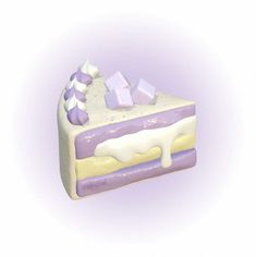 a piece of cake with purple icing and marshmallows on the top