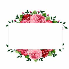 a white sign with pink roses and green leaves around it, on a white background