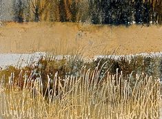 an abstract painting of grass and trees in the background