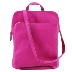 Looking for a versatile and stylish bag for daily use? Check out this Fuchsia Soft Pebbled Leather Pocket Backpack, perfect for any occasion. The backpack features adjustable leather straps that can be worn comfortably on your back, over your shoulder as a tote, or carried in-hand using the top handle. Crafted from soft leather with a pebbled texture, this backpack is both fashionable and sturdy. Its interior is thoughtfully designed with separate compartments to keep your belongings organized a Pink Rectangular Leather Backpack For Everyday Use, Pink Leather Backpack With Detachable Strap, Pink Leather Backpack For Everyday Use, Pink Leather Backpack For Daily Use, Versatile Pink Standard Backpack, Modern Pink Backpack For Daily Use, Pink Leather Backpack With Removable Pouch For Everyday, Pink Leather Backpack With Removable Pouch, Pink Leather Everyday Backpack