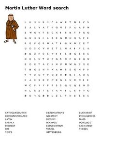 the word search page for martin luther's wordsearch, which includes an image of