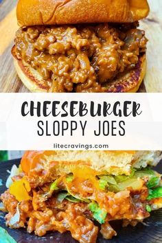 a cheeseburger sloppy joes sandwich on a wooden cutting board with text overlay